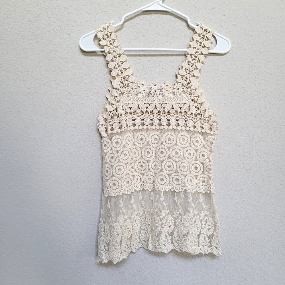 ISSI Vintage Crochet Lace Tank Top Women's Small Boho Festival Y2K Sheer Casual